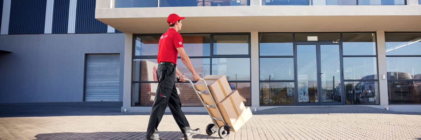 DPD Driver carrying parcels, standing in front of a building