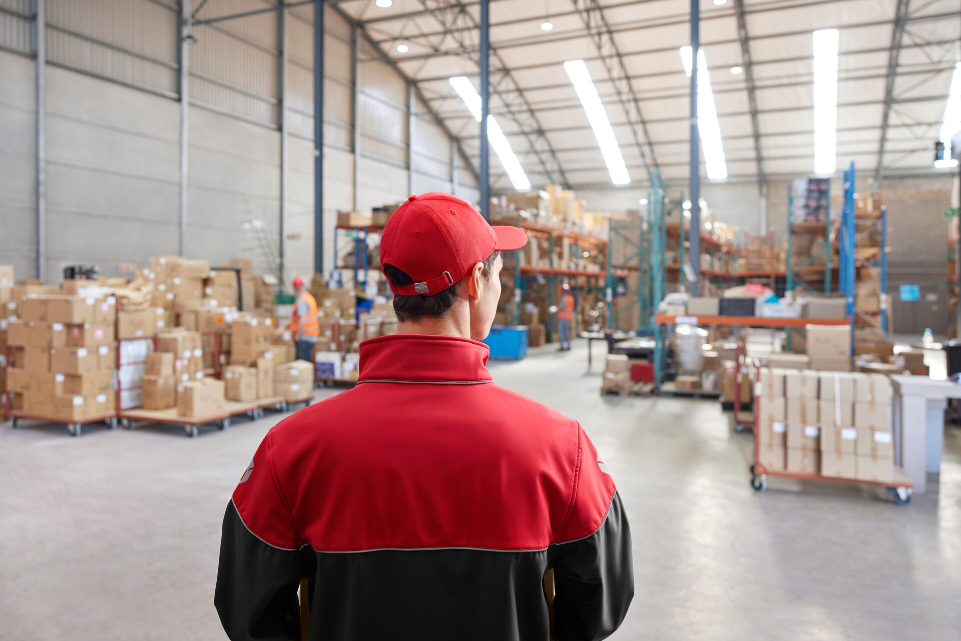 DPD Driver inside of a warehouse full of parcels